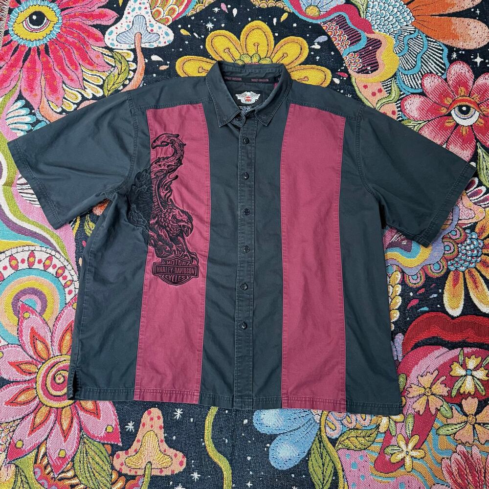 Vtg Y2k Harley Davidson Embroidered Eagle Button Up Shirt Biker Moto Grunge 2XL